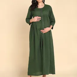 House Of Zelena Striped Gathered Pure Cotton Maternity Fit & Flare Dress-image-86