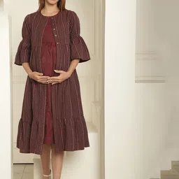Moms Maternity Ikkat Printed Longline Button Shrug-34