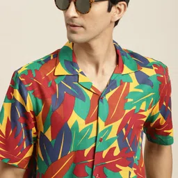 Hancock Men Yellow & Sea Green Tropical Printed Casual Shirt-7