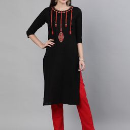 KIMAYRA Women Black & Red Floral Embroidered Flared Sleeves Cotton Kurta-image-38