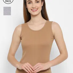 Floret Women Pack Of 2 Grey Melange & Nude-Colored Solid Cotton Camisoles-1