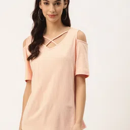 BRINNS Women Peach-Coloured Cotton Solid Cold-Shoulder Sleeves Top-image-13