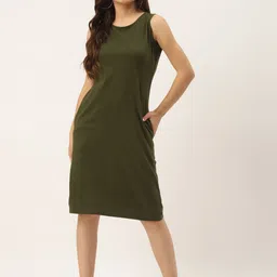 BRINNS Olive Green Pure Cotton Solid  A-Line Dress-picture-23