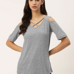 BRINNS Women Grey Melange Cotton Solid Cold-Shoulder Sleeves Top-picture-33