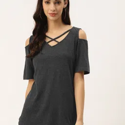 BRINNS Women Charcoal Grey Cotton Solid Cold-Shoulder Sleeves Top-picture-12