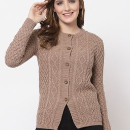 Kalt Women Coffee Brown Cable Knit Acrylic Cardigan-11