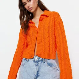 Trendyol Cable Knit Self Design Shirt Collar Acrylic Cardigan-image-16
