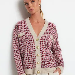 Trendyol Abstract Printed V-Neck Long Sleeve Acrylic Cardigan Sweaters-image-49