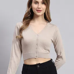 Monte Carlo V-Neck Long Sleeves Pure Wool Crop Cardigan Sweater-image-19