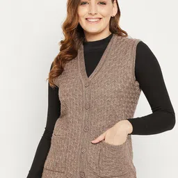 Zigo Women Mauve Self Design Cable Knit Wool Cardigan Sweater-picture-14