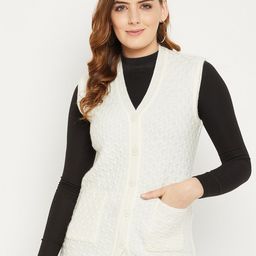 Zigo Women White Self Design Cable Knit Wool Cardigan Sweater-image-73