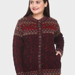 aarbee Women Maroon & Green Floral  Woollen Cardigan-5