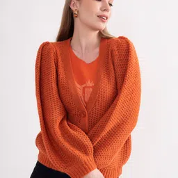 B.Copenhagen Women Self Design V-Neck Cardigan-image-92