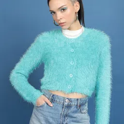 Tokyo Talkies Blue Boucle Self Design Acrylic Crop Cardigan-image-51