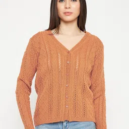 CREATIVE LINE Open Knit Self Design V-Neck Woollen Cardigan Sweater-picture-17