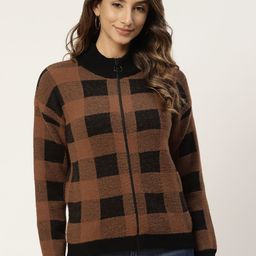 Madame Women Brown & Black Buffalo Checked Cardigan-image-24