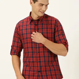 Harvard Red Classic Slim Fit Twill Tartan Checked Pure Cotton Casual Shirt-image-18