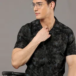 Moda Rapido Black Floral Printed Cuban Collar Slim Fit Cotton Casual Shirt-image-37
