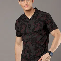 Moda Rapido Black Floral Printed Cuban Collar Slim Fit Cotton Casual Shirt-image-99