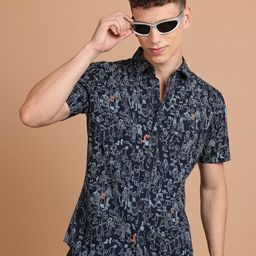 HIGHLANDER Navy Blue Slim Fit Conversational Printed Cotton Casual Shirt-image-41