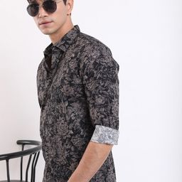 HIGHLANDER Black Floral Printed Long Sleeves Slim Fit Cotton Casual Shirt-image-50