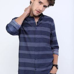 HIGHLANDER Men Navy Blue Slim Fit Horizontal Stripes Striped Casual Shirt-image-51