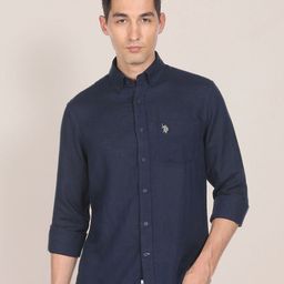 U.S. Polo Assn. Men Navy Blue Tailored Fit Solid Opaque Pure Linen Casual Shirt-image-48