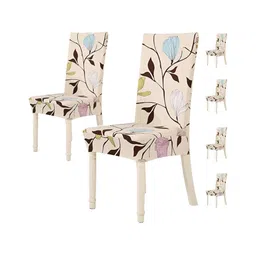 HOUSE OF QUIRK 6 Pcs Cream Colored & Brown Printed Stretchable Chair Covers-23