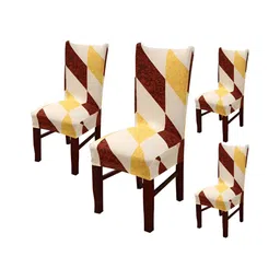 HOUSE OF QUIRK Cream Colored & Brown 4 Pieces Printed Stretchable Chair Covers-10