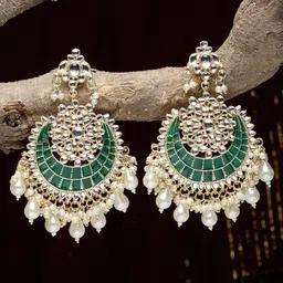ZENEME Gold-Plated Kundan Studded Crescent Shaped Chandbalis Earrings-53