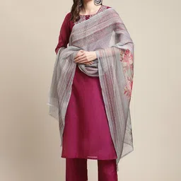 Varanga Women Magenta Floral Embroidered Chanderi Silk Kurta with Trousers & With Dupatta-picture-46
