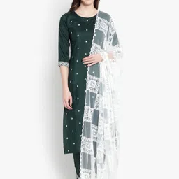 heemara Women Green Floral Embroidered Thread Work Silk Chiffon Kurta with Trousers & With Dupatta-11