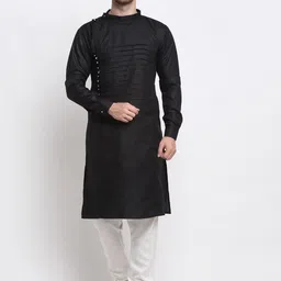 Benstoke Men Black Embroidered Angrakha Kurta with Pyjamas-image-64