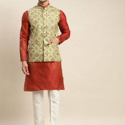 SOJANYA Men Red Kurta with Churidar & Nehru Jacket-39