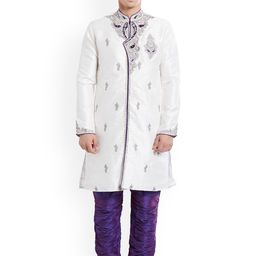 Indian Poshakh Men White & Navy Blue Sherwani and Churidar Set-image-53