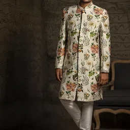 PS MEN BY PAYAL SINGHAL Floral Printed Regular Dupion Silk Straight Kurta With Churidar-picture-13