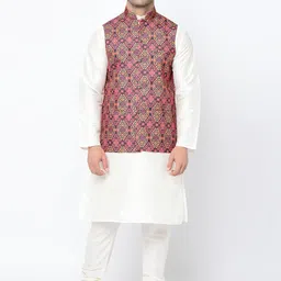 Kaifoo Men White Paisley Kurta with Churidar & Nehru Jacket-85