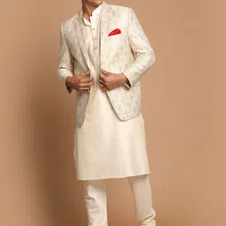 VASTRAMAY Men Cream-Coloured Kurta With Pyjamas & With Woven Design Blazer-picture-48