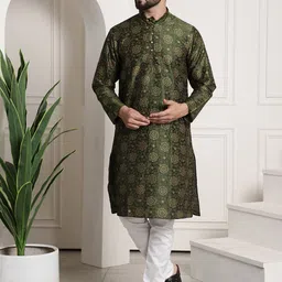 SOJANYA Men Olive Green & Off-White Printed Kurta with Churidar-picture-39
