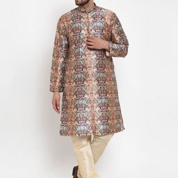 KRAFT INDIA Men Multicolour Ethnic Motifs Printed Tussar Silk Kurta With Churidar-6