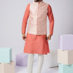 KISAH Men Pink Regular Kurta With Churidar And Nehru Jacket Set-picture-17