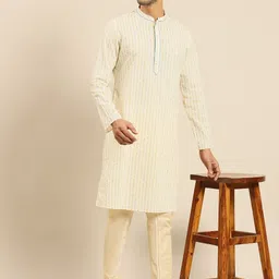Amodh by Kisah Men Off White & Mustard Yellow Striped Kurta with Churidar-picture-22