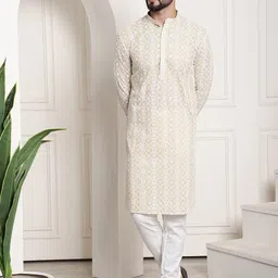 SOJANYA Geometric Embroidered Mandarin Collar Pure Cotton Kurta With Churidar-32