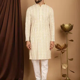 SOJANYA Geometric Embroidered Band Collar Long Sleeves Pure Cotton Kurta With Churidar-39