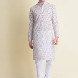 NAMASKAR Men White Cotton Printed Kurta with Churidar-picture-35