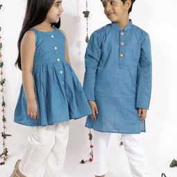 VASTRAMAY Boys Blue Pure Cotton Handloom Kurta with Churidar-38