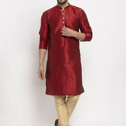 Benstoke Men Maroon Dupion Silk Kurta with Churidar-image-36