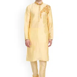 Enciger Men Beige Thread Work Dupion Silk Kurta with Churidar-picture-25