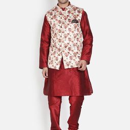 Armaan Ethnic Mandarin Collar Dupion Silk Kurta with Churidar And Printed Nehru Jacket image 1