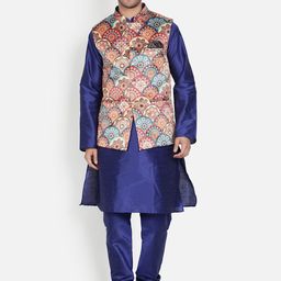 Armaan Ethnic Mandarin Collar Dupion Silk Kurta with Churidar And Printed Nehru Jacket-15
